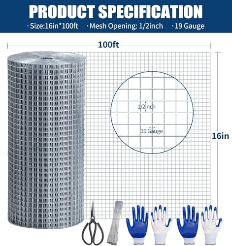 Hardware Cloth 1/2 Inch, 19GA Hot Dip Galvanized Chicken Wire Fencing Mesh | 16in×100ft Wire Mesh Rolls Welded Chicken Wire Fencing for Chicken Coop Barrier, Poultry Netting Cage Wire Fence - color: Silver(16in*100ft)
