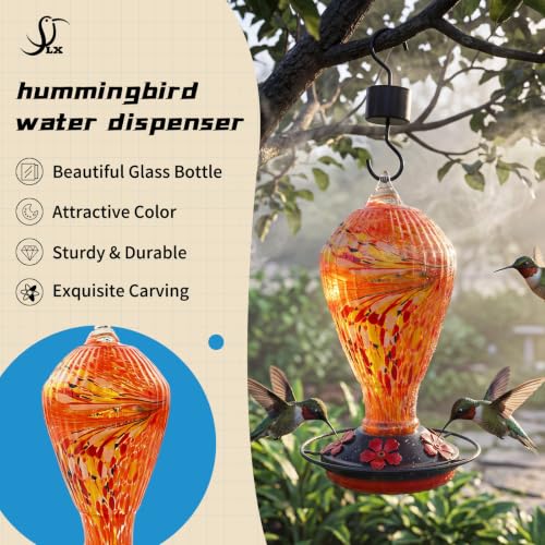 Orange Hummingbird Feeder Colorful Blown Glass Outdoor Hummingbird Feeder with Ant Moat and 5 Feeding Ports for Outdoors Hanging Garden Decor, Bird Lovers - color: Orange-Phoenix