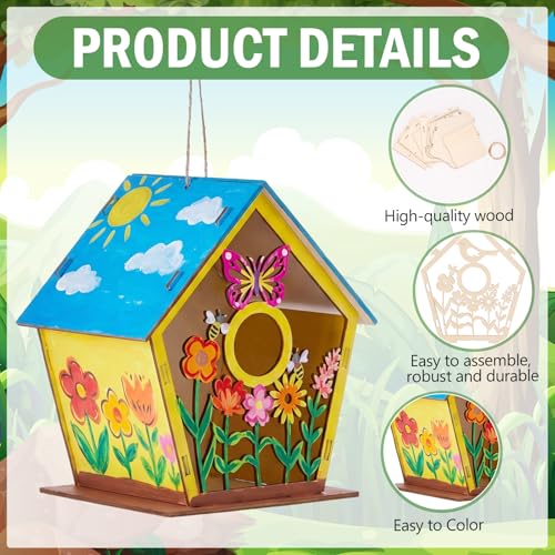 DoubleFill 24 Pack Wooden Bird Houses Painting Craft Kit Unfinished DIY Wood Birdhouses to Build and Paint for Summer Arts and Craft Projects Class Parties Birthday Party Favors