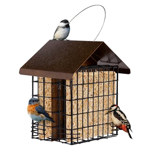 MEKKAPRO Suet Bird Feeder Metal Roof Cage Hanger Holds 2 Suet Cakes Outside | Woodpecker Feeder Offering Two Suet Bird Feeder Capacity; A Hanging Wild Bird Feeder Basket Built For Outside Use Year-round