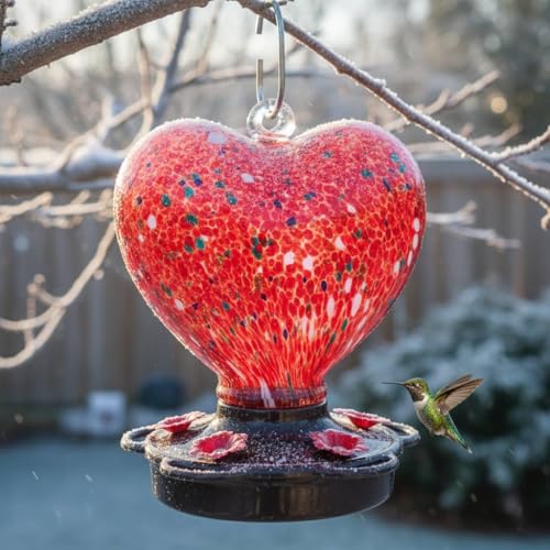 Hand Blown Glass Hummingbird Feeder for Outdoors All Season Use - 28 Fl. Oz. Leak Proof Hummingbird Feeder with Rust Proof Base - Includes Ant Moat, Ant & Bee Proof (Red) - color: Red