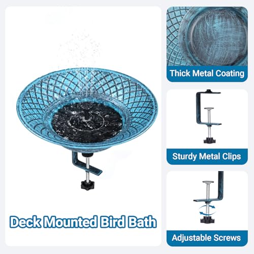 12.6" Solar Bird Bath for Deck Railing, Detachable Metal Bird Bath Bowl | Deck Bird Bathwith 3.5" Sturdy Clamp, Adjustable Deck Bird Feeder for Outside, 2-in-1 Bird Bath for Patio - color: Blue