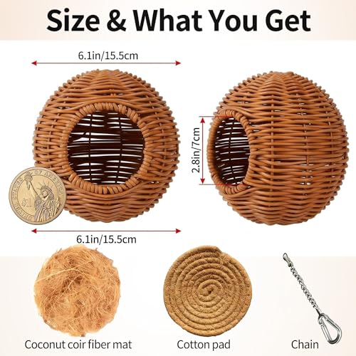 Bird Nest for Cage, Hanging Rattan Parrot Bed, Washable Breathable for Parakeets Cockatiels Lovebirds(Circular Opening)