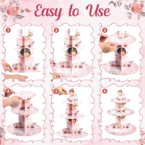 3 Tier Ballerina Party Decoration Ballerina Cupcake Stand Decoration Dancing Girl Floral Cupcake Tower Pink Dance Theme Cake Holder Table Display for Ballet Tutu Dancer Pink Party Supplies - style: Ballet