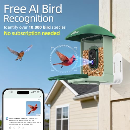 Smart Bird Feeder with Camera Solar Powered, 2.5K UHD Birdwatching Cam | Free AI Bird Identification, Instant Notifications & Auto Video Capture, 2.4G Wireless Outdoor Cam, for Mom Dad Birdlovers - color: Geen