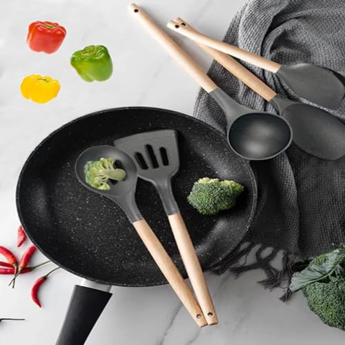 Non-Stick Silicone Cooking Utensils Set, 5 Pcs with Wooden Handle, Heat Resistant Silicone Kitchen Gadgets (Gray) - color: 5 PCS Set Grey