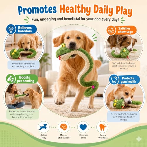 Squeaky Dog Plush Chew Toy, Interactive Tug Squeaky Toy for Chewers, Medium & Large Dogs & Fetch Play, 39.4In Stuffed Silly Snake Toy with Elastic Stretchable Body for Gentle Gum Care & Boredom Relief - color: Green (Silly Snake)