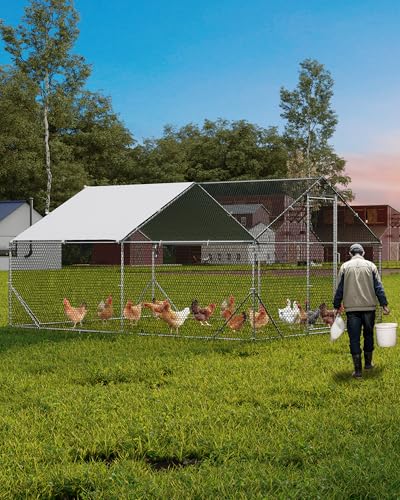 GarveeLife Large Metal Chicken Coop, Chicken Run for 10/20 Chickens, Outdoor Walk in Poultry Cage with Anti-UV Cover and Waterproof, 13.12 x 9.84 x 6.56 Ft - size: 118" W x 158" D x 79" H