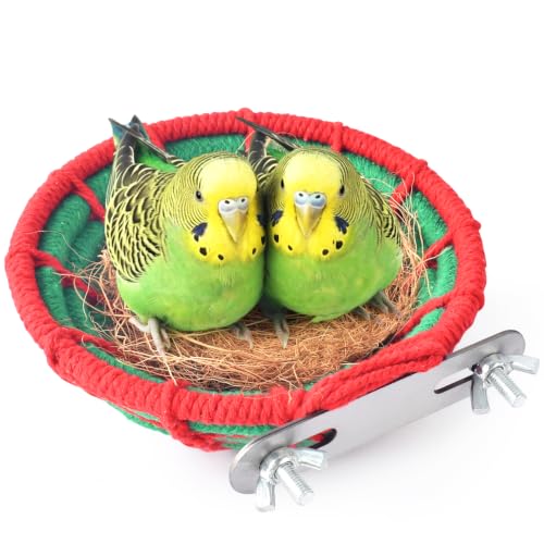 KATUMO Bird Nest, 5.3in Cockatiel Breeding Nest Parakeet Bed with Natural Coconut Fiber Bedding for Budgie, Parakeet, Cockatiel, Conure, Lovebird, Canary, Finch, Small Birds - color: Green+Red