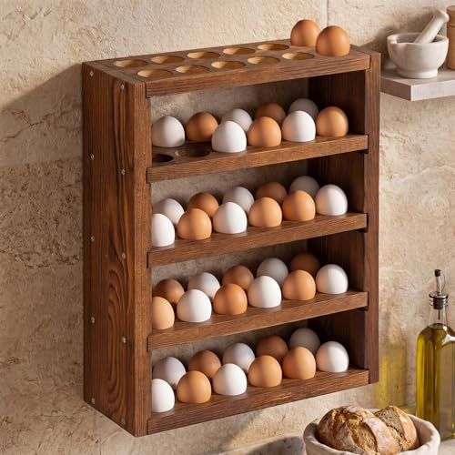 60 Egg Holder Countertop and Wall Mounted, 5 Tier Wooden Fresh Egg Storage Rack for Gathering Backyard Chicken Eggs Rustic Farmhouse Kitchen Decoration Organizer