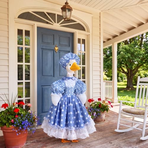 Abbylike Polka Dot Porch Goose Outfits for 23 Inch Plastic & Cement Statue Blue Lolita Dress with Lace Trim Farmhouse Goose Clothes with Hat for Summer Outdoor Patio Yard Lawn Decoration - style: Polka Dots