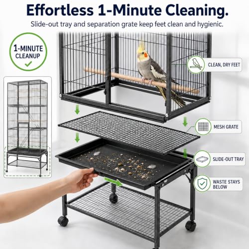 Large Bird Cage & Parakeet Cage, 69" Parrot Flight Cage with Rolling Stand | 0.4" bar spacing, 3-tier aviary, 12 doors, removable mesh shelf, 6 feeders, ideal cockatiel cage & budgie cage