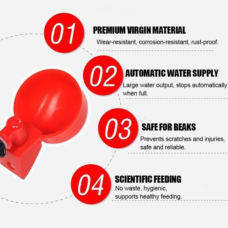 Poultry Waterer Cup – 2-Pack Automatic Drinking Bowls for Chickens, Ducks, Quail & Pigeons, Red 6.5 cm Ø, Constant Fresh Water, Screw-in Bucket or PVC System