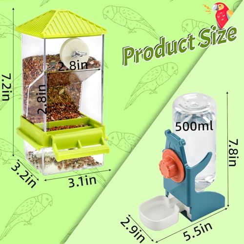 Rypet No-Mess Bird Feeder and Water Dispenser Set for Small Birds | Automatic Bird Feeder, Transparent Acrylic Food Container, Helps Reduce Seed Scatter, for Parakeet Cockatiel Parrot Canary - color: A80 Green Feeder + Drinking Bottle