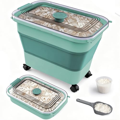 Rice Storage Container, Collapsible Airtight Food Storage Containers 20-30lbs with Clear Lid and Wheels, Rice Dispenser with Scoop for Flour Cereal Pasta Grain, Cat Pet Bird Dog Food Storage Container - size: 15-30 Lbs