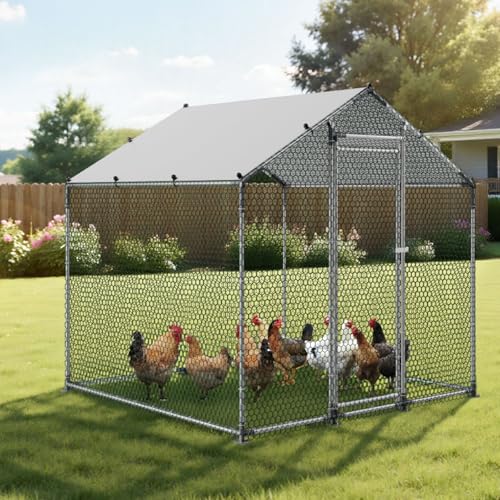 VEVOR Metal Chicken Coop, 6.56x6.56x6.56ft Large Walk-in Chicken Runs with Cover, Spire Roof Hen House Enclosure with Security Lock, Outdoor Duck Rabbit Cage Poultry Pen for Backyard, Farm, Yard - size: 78.7"L x 78.7"W x 78.7"H