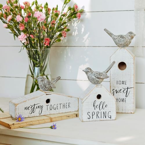 3 Pcs Birdhouse Shaped Wooden Table Decor with Bird Ornament, Rustic Farmhouse Spring Decor for Shelf Mantel Desk Decoration, Housewarming Gift, Hello Spring, Nest Together, Home Sweet Home