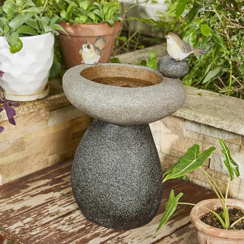 Glitzhome 20.75" H Water Fountain with LED Light and Pump, Zen Style Faux Stone Texture Birdbath Outdoor Fountains with Birds Decor, Floor Fountain for Porch Deck Patio Backyard - color: Faux Stone