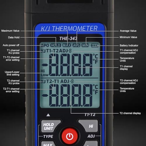 Thermocouple Thermometer Digital K/J Type with 4 K Type Thermocouple, HVAC Thermometer with Alarm & Adj Compensation, Temperature Meter -328°F ~ 2501°F Measuring Range