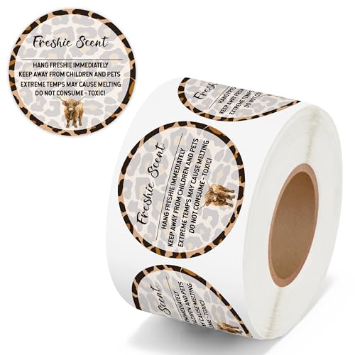Freshiess Scent Care Instruction Stickers - 500 Count Car Freshie Warning Round Labels, Adhesive Roll Stickers with Line to Write Thermal Printed for Small Business (2 x 2 Inch, Leopard Cow) - color: Freshiess Leopard Cow