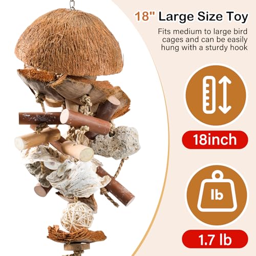 18" Natural Bird Toy for Medium & Large Parrots,Multi-Texture Chew & Forage | Coconut Shells & Lava Stones | Shred For African Greys,Cockatoos, Caiques, Quakers and Conures | Healthy Beak Exercise