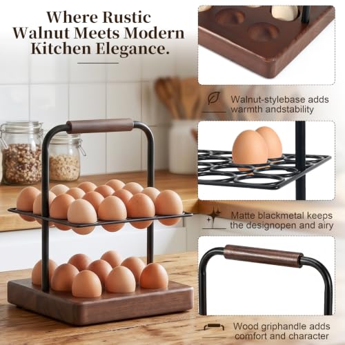 Farmhouse Wooden Egg Holder Countertop, 2-Tier Walnut Wood & Metal Egg Rack with Handles for 25 Fresh Eggs, Rustic Egg Tray Organizer for Kitchen Counter, Holds Eggs Farm Fresh Storage