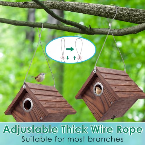 Dreyoo 2 Pack Wren House, 1-1/8'' Entrance Hole Hanging Wooden Wren Bird Houses for Outside with Metal Guard, Air Vents, Pine Wood for Chickadees (Burnt Wood Color) - color: Burnt Wood Color