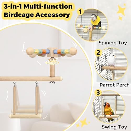 Bird Spinning Perch & Swing Toy Combo, Multi-Functional Parrot Toy | Bird Toys for Parrots with 360° Spin Function, Hanging Parakeet Swing Cage Toys, Wooden Activity Gym for Cockatiel Lovebird