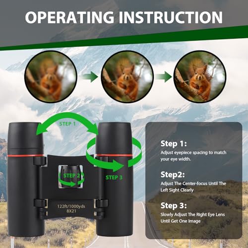 Binoculars for Adults and Kids, High Powered Compact Binoculars | 8×21 Portable Binoculars, for Bird Watching, Cruise Ship, Travel, Concert, Opera, Theater, Hunting Essentials (Black)