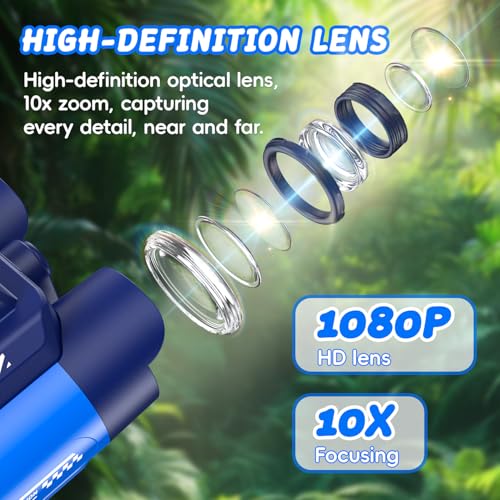 Binoculars for Kids with Night Vision, 2.4" HD Screen & 10X Zoom for Photo and Video - Outdoor Adventure Binoculars Bird Watching, Camping, Hiking, Gifts for Kids Ages 4+ (Blue) - color: Blue