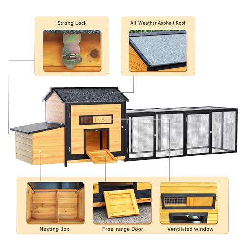YOPTO Wooden Chicken Coop, 114 in, Outdoor Run, Black/Gold | Solid wood, Weatherproof roof, Outdoor run, Nesting box, Pull-out tray, 6 access doors, Ramp - size: 114.0"L x 25.4"W x 33.9"H