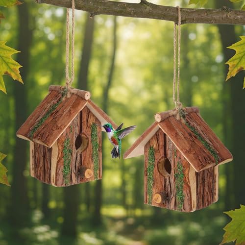 DoubleFill 1 Pcs Birdhouses for Outside Wooden Bird House with Moss Accent Hanging Design Birdhouse Natural Bark Finish Warm and Waterproof Rustic Bluebird House Cardinal Wren Hummingbird Garden