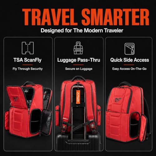 Gruv Gear Travel Laptop Backpack, 20L Red Tech Backpack with Modular Storage Shelves, Dual Access Pockets & TSA-Friendly Design, Compact Carry-On Backpack for Work, Travel & Everyday Carry - color: Red/Carbon Fiber