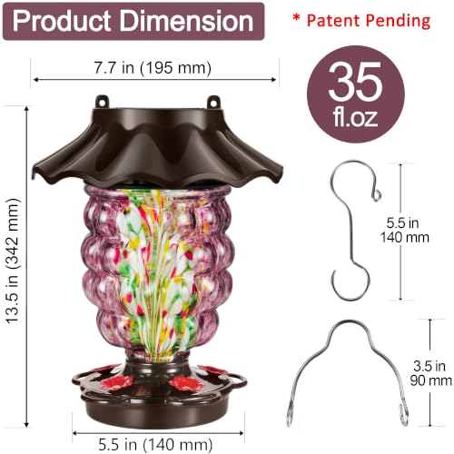 LUJII Solar Hummingbird Feeder for Outdoor Hanging, RGB Illuminated Hand-Blown Glass Lantern, 35 fl.oz, Leak-Free & Rust-Resistant, Metal Cap with 5 Feeding Ports, Pineapple Design, Purple - color: Purple