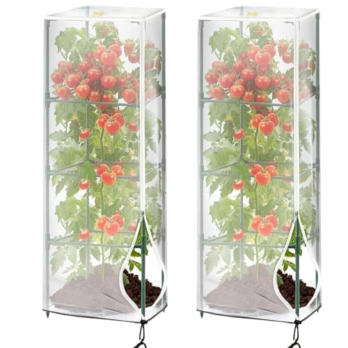 2 Pcs Garden Bird Netting Plant Cover for Square Tomato Cage,59" x 15.8"x 15.8" Tomato Cage Garden Net Cover with Zipper Drawstring, Tomato Trellis Insect Bird Barrier Protection Mesh for Plant