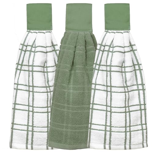 Ritz Premium 100% Cotton Solid and Multi Check Kitchen Tie Towel Absorbent, Super Soft, and Fast Drying Hang Towel, Set of Three, Juniper - color: Juniper, size: Solid & Check, 3-Pk
