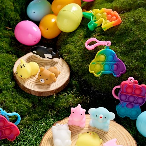JOYIN 24 Pcs Prefilled Easter Eggs with Assorted Toys, Filled with Mochi and pop Bubble Keychains, Easter Stuffed Toys for Kids to Egg Hunt, Kids Basket Stuffers, Party Favor, Classroom Prize - style: Cute
