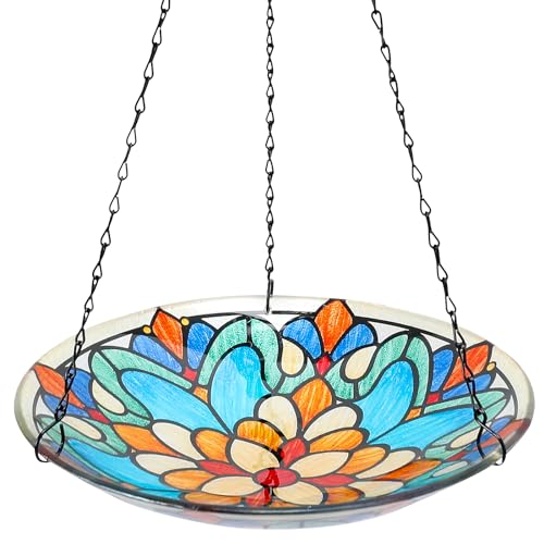 Hanging Glass Bird Bath Outdoors Bird Water Bowl Feeder Garden Decor - color: kaleidoscope