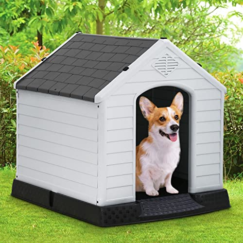 FDW Dog House Indoor Outdoor Durable Ventilate Waterproof Pet Plastic Dog House for Small Medium Large Dogs Insulated Puppy Shelter Kennel Crate with Air Vents and Elevated Floor - style: Grey