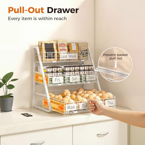 Egg Holder Countertop with 3 Pull-Out Tier Baskets, White | Sturdy Metal Frame, 5 Adjustable Dividers,7 Date Tags, Egg Basket for Gathering Fresh Eggs, Chicken Coop Accessories - color: White
