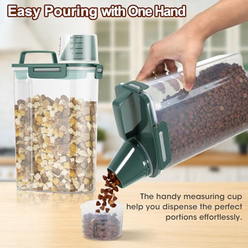 TBMax Small Dog Food Storage Container 3 Qt with Cat Food Can Cover and Mixing Spoon, Portable Travel Pet Food Dispenser with Large Spout and Cup -Bottle Green - color: Dark Green 3Qt