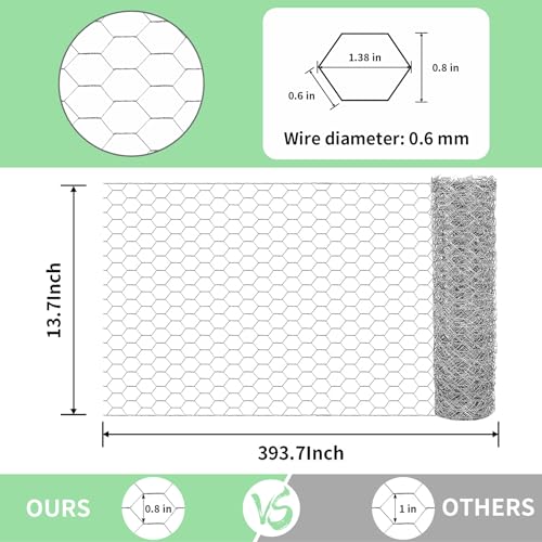 Chicken Wire 13.7 in x 393.7 in Poultry Wire Netting Hexagonal Galvanized Mesh Garden Fence Barrier for Pet Rabbit Chicken Fencing with 100 Pcs Cable Zip Ties - color: Silver, size: 13.7"x393.7"+100Ties