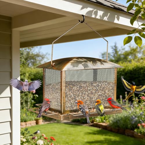Bird Feeder, 6LB Large Capacity Bird Feeders for Outdoor Hanging | Heavy Duty Metal, Waterproof, Drain Holes, 4 Perches, Easy to Fill, Wild Birdfeeder, For Garden Yard Outside Backyard - size: Horizontal, 6 pounds