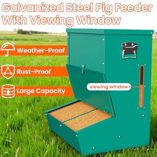 2-Door Heavy Duty Galvanized Steel Hog Feeder, 3.7 Bushel Capacity, Outdoor Pig Feeding Station with Visible Monitoring Window, Durable Livestock Feeder for Farm and Barn (Green)
