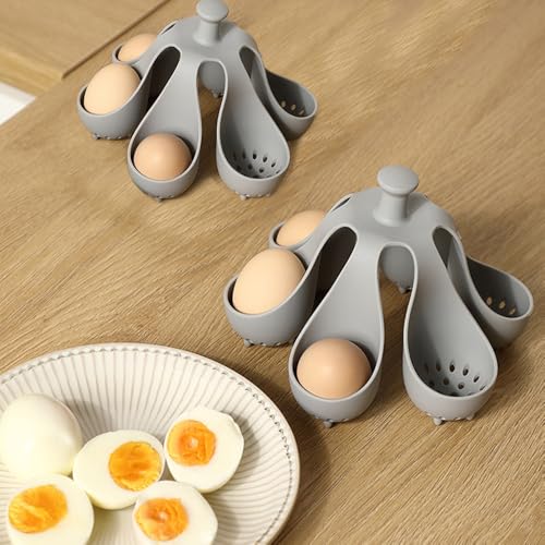 Eggs Boiler Rack, 6-Slots Silicone Egg Cooker with Anti-Scald Handle, Poached Egg Maker for Making Soft or Hard Boiled Eggs