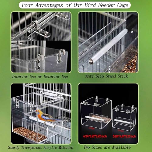 No Mess Bird Feeder for Cage, Automatic Acrylic No Mess Bird Feeder Cage | Suitable for Parrots Canary Parakeet Budgerigar Crested Myna Cockatiel Lovebird (Large) - size: Large