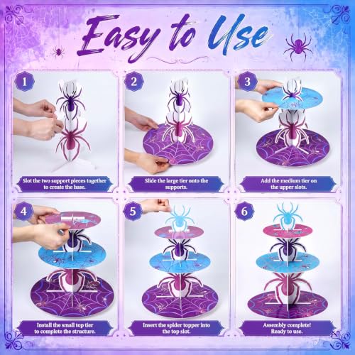 3 Tier Spider Cupcake Stand Decoration Pink Spider Cupcake Tower Purple Blue Spiderweb Table Decoration Hero Theme Dessert Holder Table Display for Hero Birthday Party Baby Shower Supplies - style: Fashional