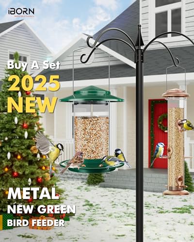 iBorn Metal Bird Feeders for Outdoors Hanging,Wild Bird Feeders for Cardinal,18cm Large Roof &Tray New Green 6 Port (Seed is not Included) - color: Green,2.2LB,6Port