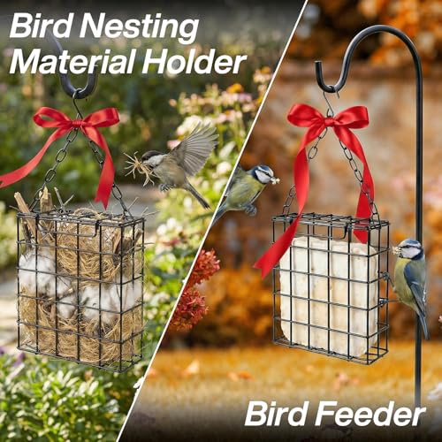 Bird Nesting Material Holder, Pet Fur Holder for Bird Nests, with Jute Fiber & Red Ribbon to Attract Wild Birds, Reusable Bird Nesting Holder for Nest Building