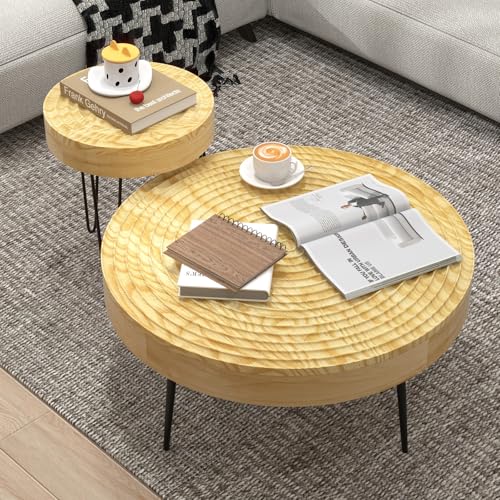 COSTWAY Farmhouse Round Coffee Table Set of 2, Rustic Sofa Side Tea Tables w/Wood Finish, Metal Frame, Adjustable Foot Pads, Nesting End Table Set for Living Room, Bedroom (Ring Pattern, Natural) - color: Natural, style: Ring Pattern